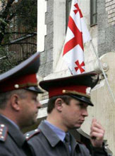 Russian officers at a Russian military base in Georgia