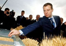 Medvedev inspects grain produced in the Orenburg region of south western Russia.