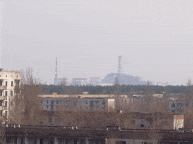A view of reactor four from the vacant apartment blocks of Pripyat