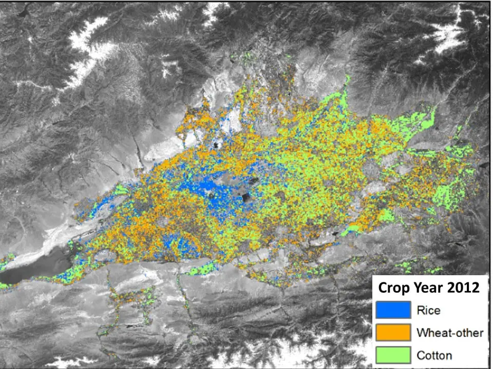 2012 crop distribution for the Fergana Valley, superimposed on a satellite photo of the area. Map produced by Monitoring, Evaluation & Learning.