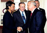 Uzbek President Islam Karimov with Rice, Rumsfeld, and Powell.