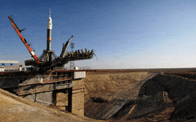 A Soyuz rocket awaiting lift off at the Baikanour Cosmodrome,