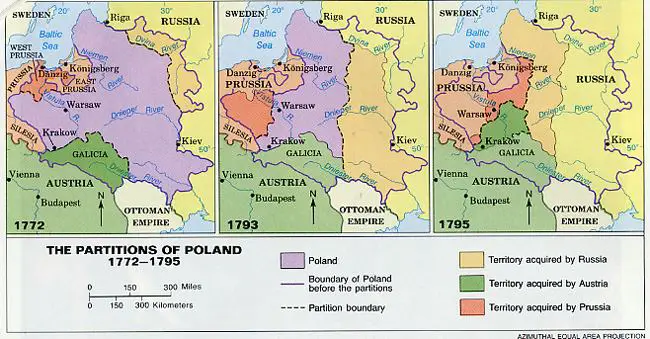 Map showing the results of the three partitions of Poland.