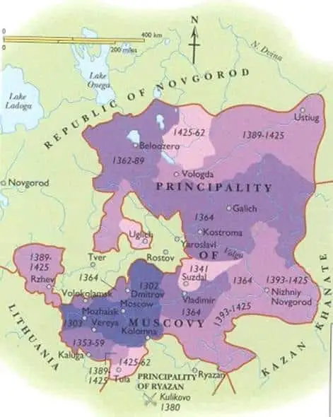 The expansion of Moscow Principality from Daniel (darkest purple in the south) ca. 1300 to Vasily II (light pink) in 1462. Note the surrounding rivals: the Mongols, Ryazan, Lithuania, and Novgorod. For a larger version, click the map.