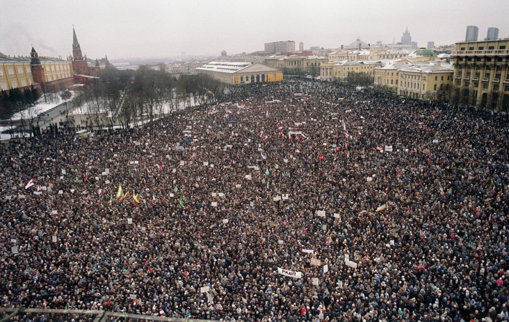 Even before April, 1991, the USSR was swept with protests. Here, some 100,000 protesters gather outside the Kremlin to demand the resignation of M. Gorbachev and his ministers in January, 1991.